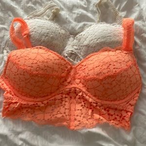 Victoria’s Secret PINK Orange Dream & Ivory Padded lace bralettes Sz M NWOT